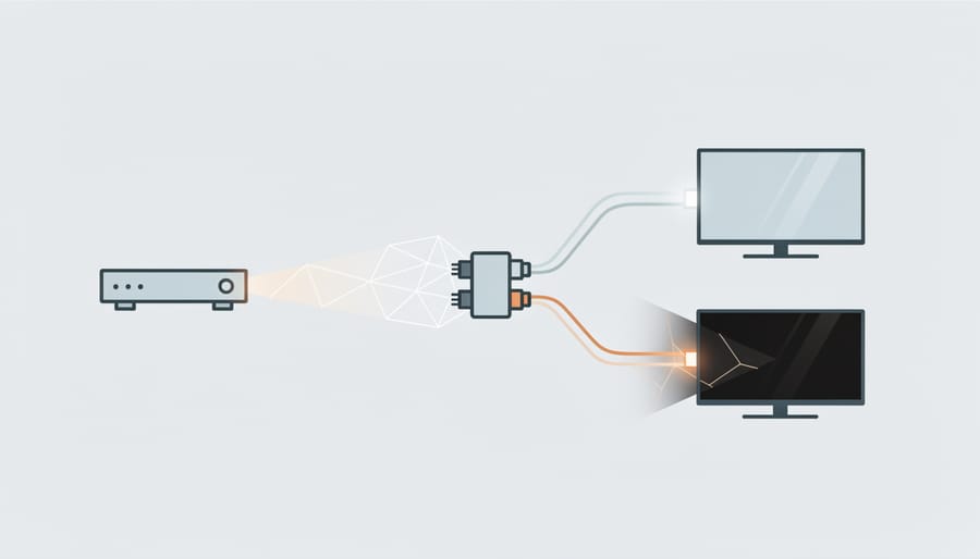 Macro image of interlocking HDMI connector ends with a glowing light connection representing HDMI handshake behavior.