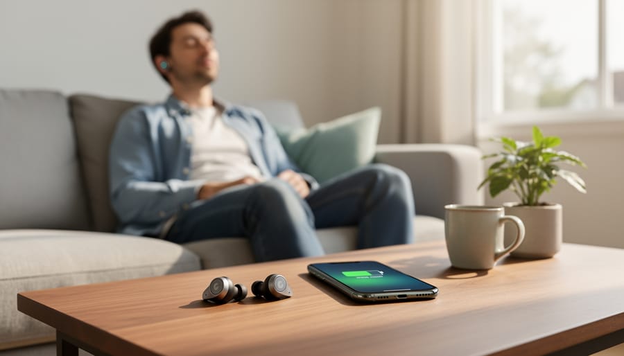 Person wearing true wireless earbuds while working in a quiet home office at dusk
