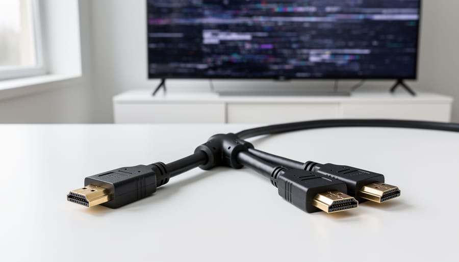 Close-up of a passive Y-style HDMI cable connected to a laptop and monitor on a desk.