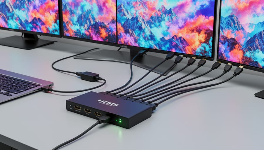 HDMI cables connected to a powered splitter distributing one signal to two display connections.