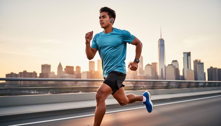 Runner wearing true wireless earbuds while jogging in a park