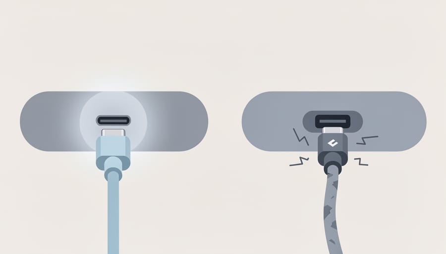 Close-up of USB-C cable connector alignment next to a charging case, emphasizing the correct seating for safe charging