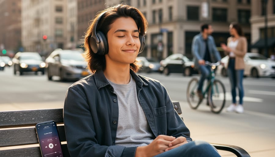 Person seated at home with eyes closed, wearing wireless earbuds for a calm listening moment