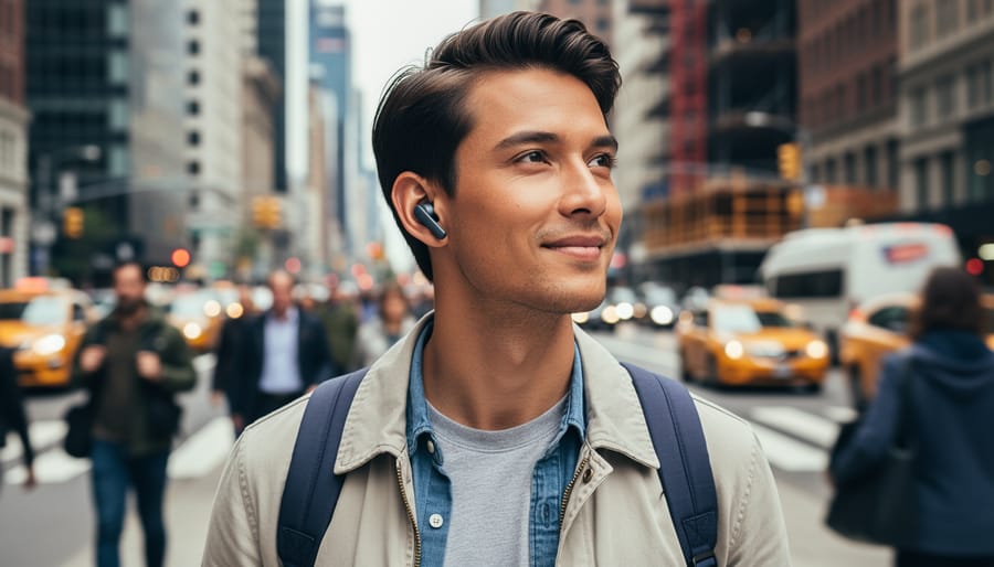 Person wearing wireless earbuds while standing on a city transit platform at dusk