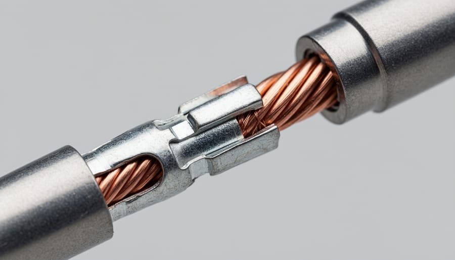 Crimped MC4 contact and solar cable resting on a workbench.