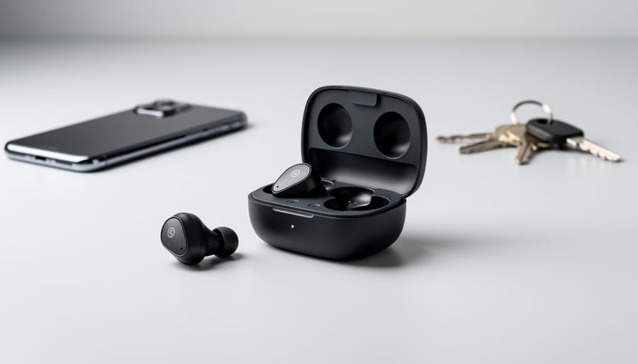 Close-up of wireless earbud charging case and smartphone on a desk