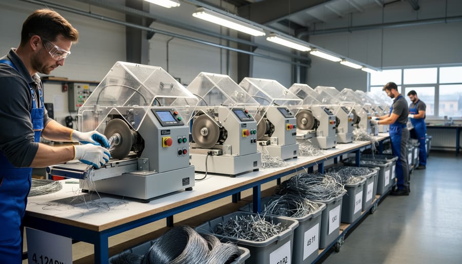 Electric wire stripping machine used to strip a cable in a workshop setting.