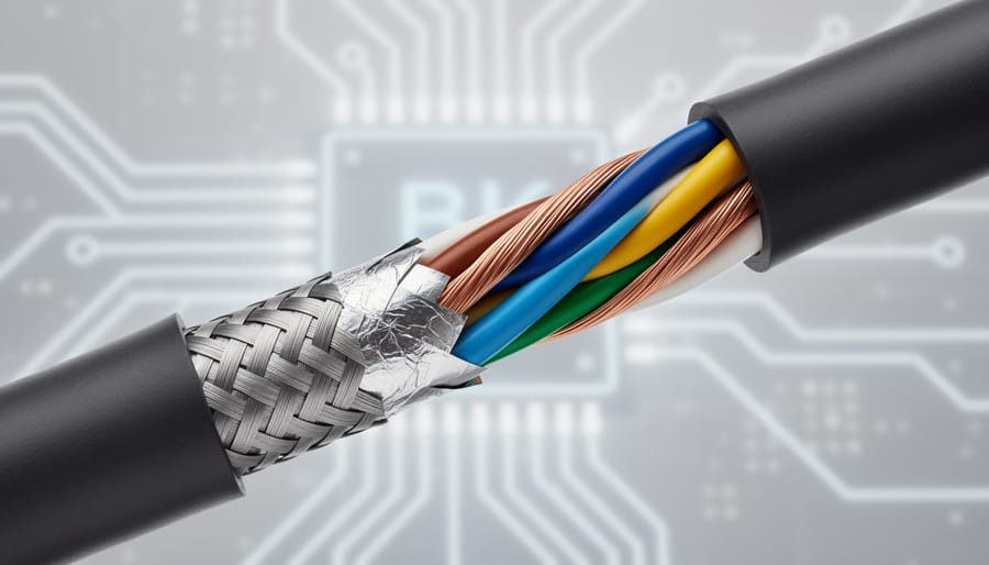 Macro close-up showing braided and foil-like shielding texture on an Ethernet cable.
