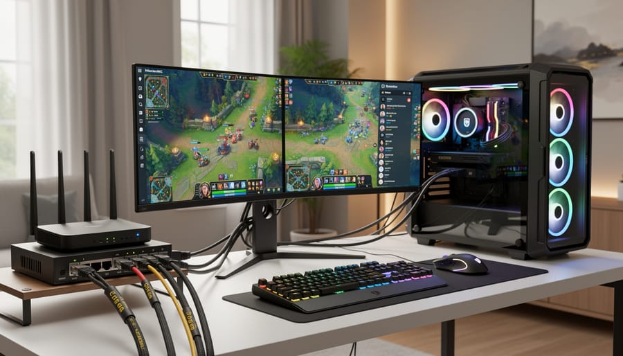 Gaming console and PC connected to a router with neatly routed Ethernet cable in a modern living room.