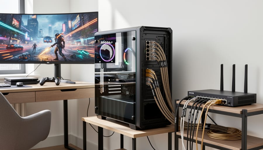 Ethernet cable connected between gaming devices and a home router in a modern living room.