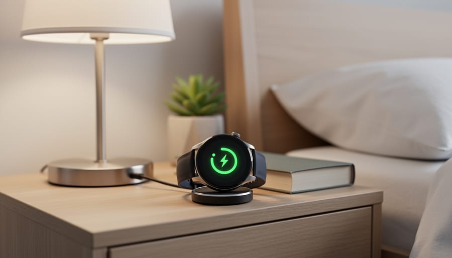 Person aligning a magnetic smartwatch charger to a smartwatch on a bedside table.