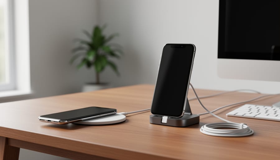 Desk comparison scene showing a magnetic smartwatch charger puck and a traditional charging dock.