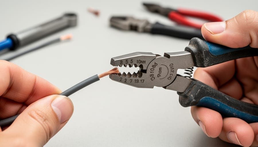 Macro close-up of manual wire stripping showing the stripper blades and exposed copper end.