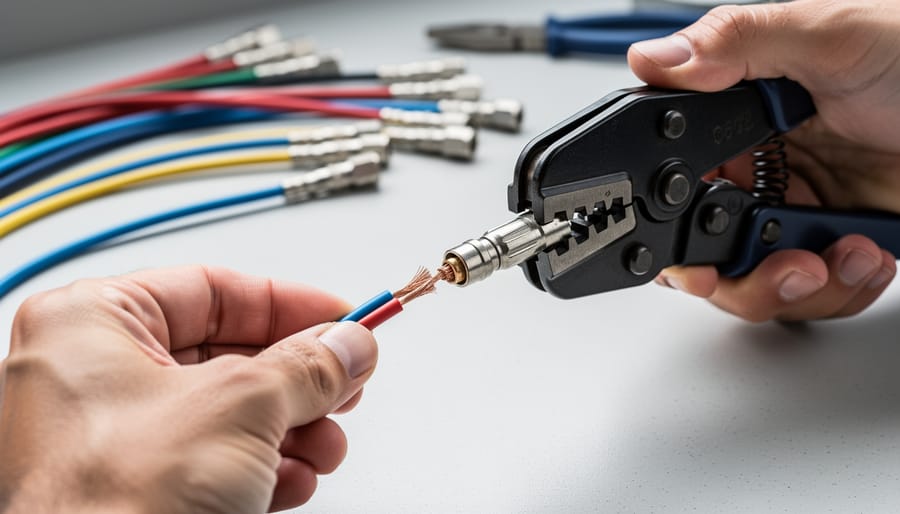Gloved hands stripping a solar cable for an MC4 connector contact crimp.