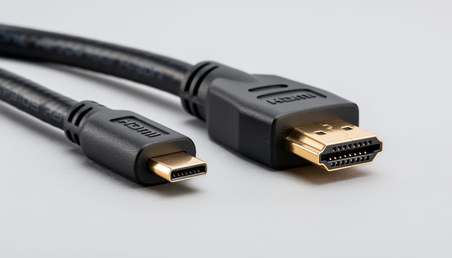 Close-up of a micro HDMI Type D connector and standard HDMI plug on a cable