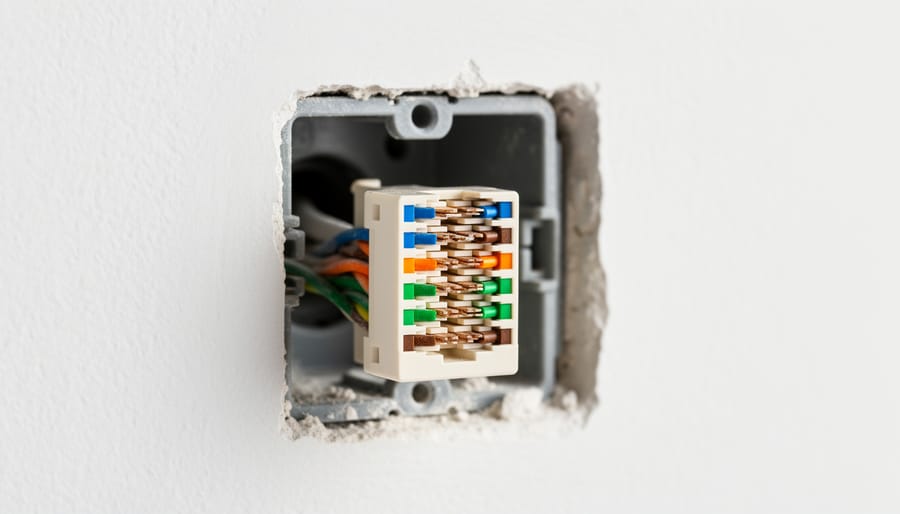 Close-up of a network wall jack showing punch-down terminals and arranged wire pairs inside the keystone housing.