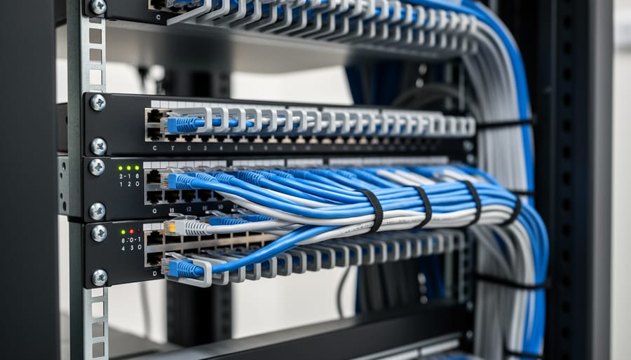 Networking closet with patch panel and neatly routed Ethernet cables.
