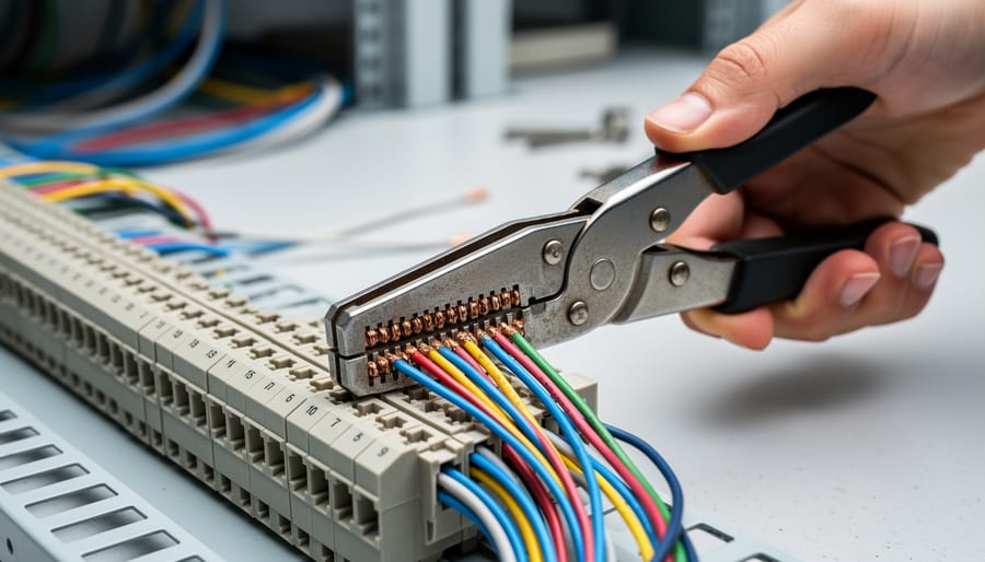 Hands using a punch-down tool to seat twisted pair wires into the terminals of a keystone network jack.