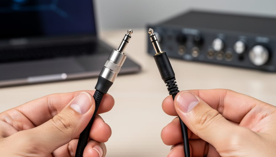 Two RJ45 Ethernet connectors resting on a dark workbench showing differences in cable jacket texture.