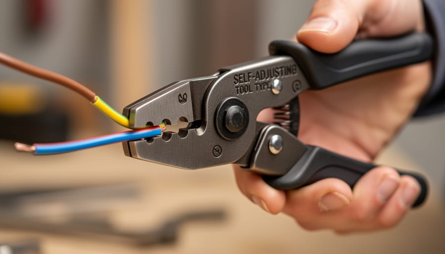 Gloved hand operating a self-adjusting wire stripper on an insulated cable.