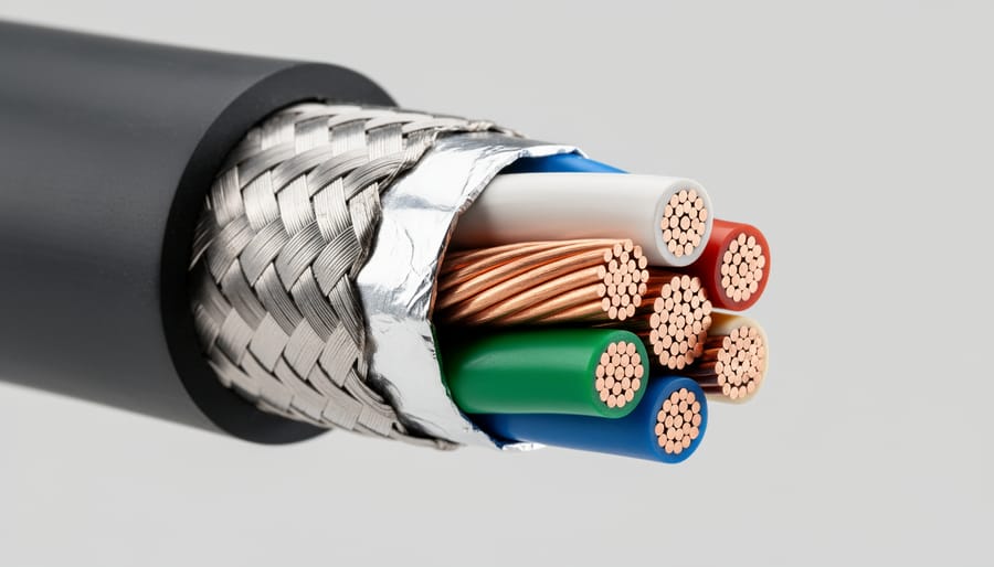 Close-up of a shielded Ethernet cable texture showing cable construction detail.