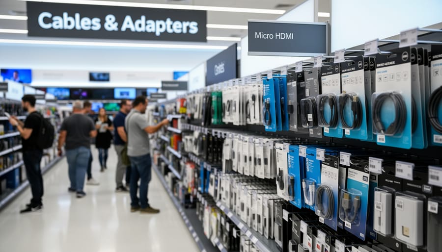 Customer hands selecting a micro HDMI to HDMI cable at an electronics store accessory shelf