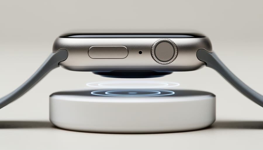 Macro close-up of a smartwatch back near a magnetic charger tip.