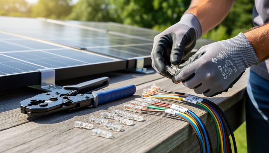 Solar installer tools and MC4 crimp components prepared on a work surface near solar panels.