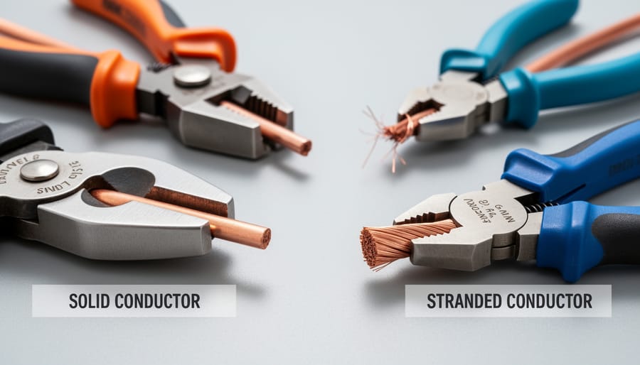 Solid and stranded copper electrical conductors placed on a mat next to work tools.
