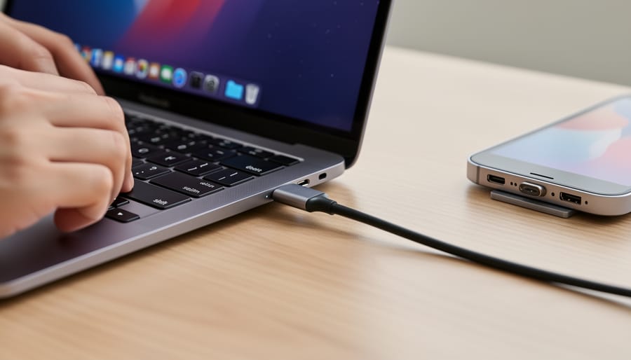 Hands inserting a traditional smartwatch charging cable into the watch connector.
