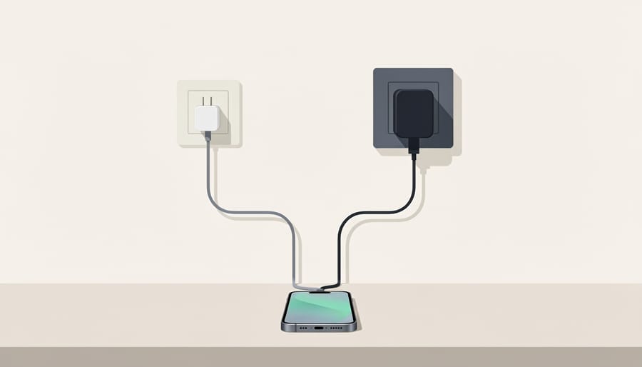 USB-C power adapter connected to a smartwatch charging cable on a countertop.