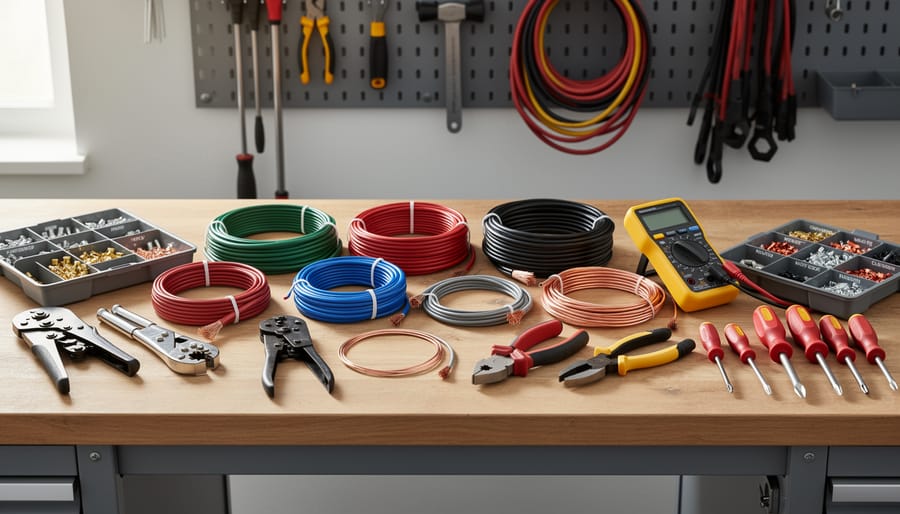 Electrical wires of different thicknesses and wire stripping tools laid out on a workbench.